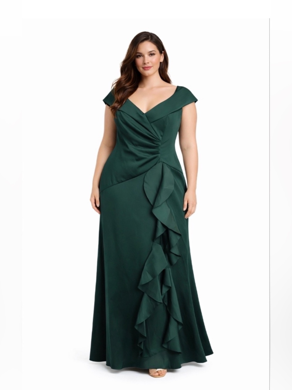 Xscape scuba Forest Green Off-the-Shoulder Ruffle Evening Gown – Size 14  NWT